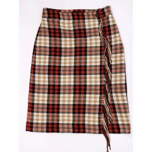 Talbots Faux Wrap Plaid Blanket Skirt With Fringe Sz 4 Wool Blend